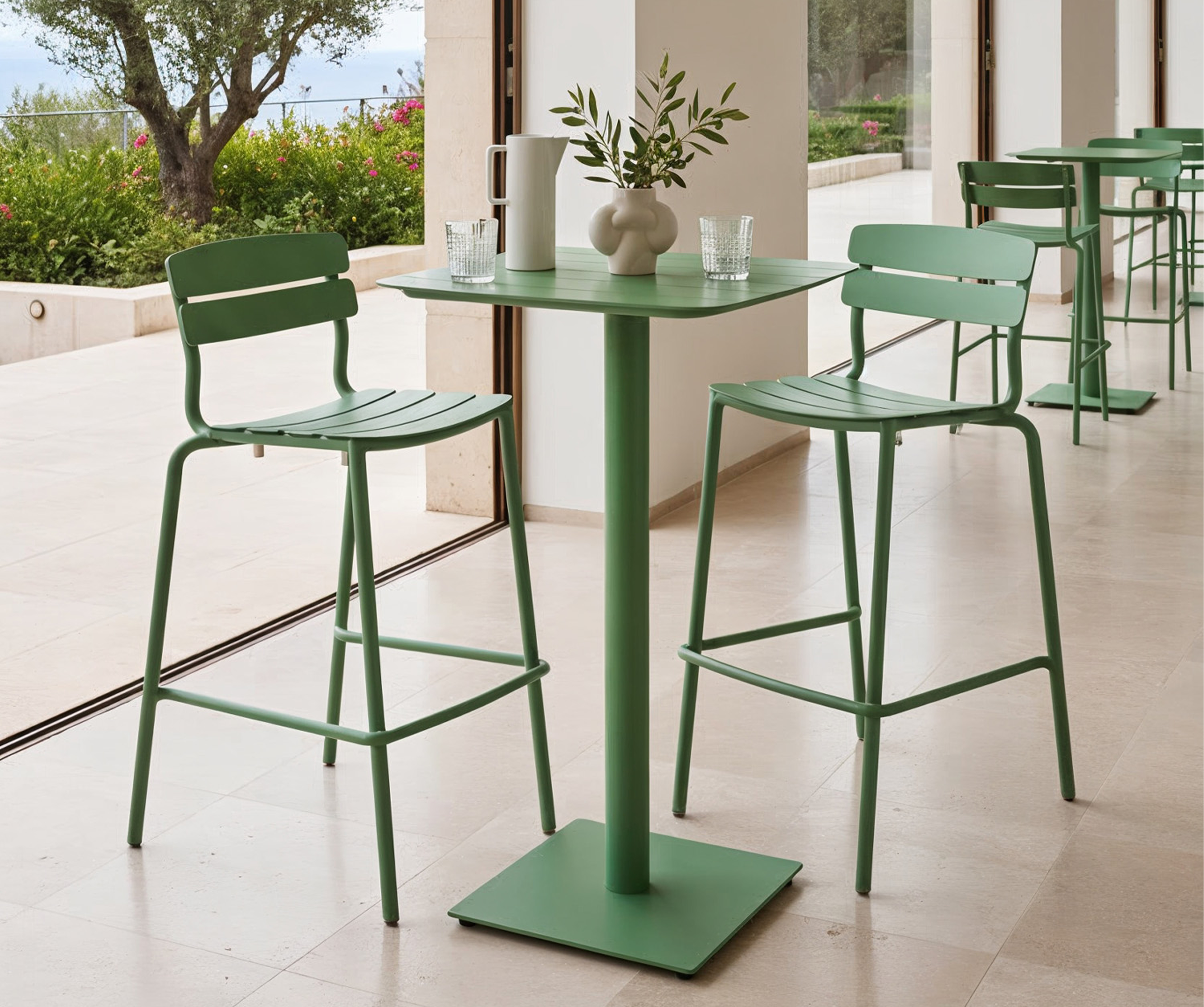 500x600_Antibes bar stool with back and antibes bar table - moss green
