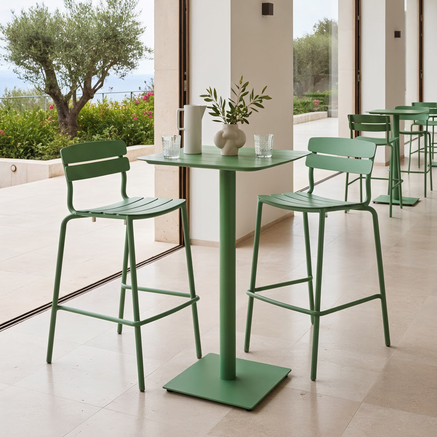 Antibes bar stool with back and antibes bar table moss green